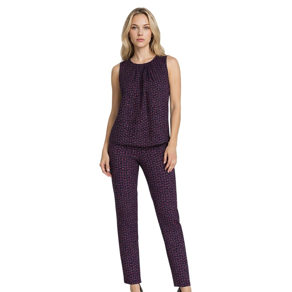 Talbots Pant Suit Womens Size Small 6 Navy Ladybug 100% Silk Top Blouse Cotton